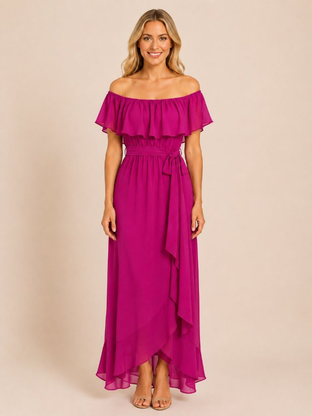 SLNY SL Fashions Maxi Dress Size 10 Azalea Pink Ruffle Off Shoulder NEW